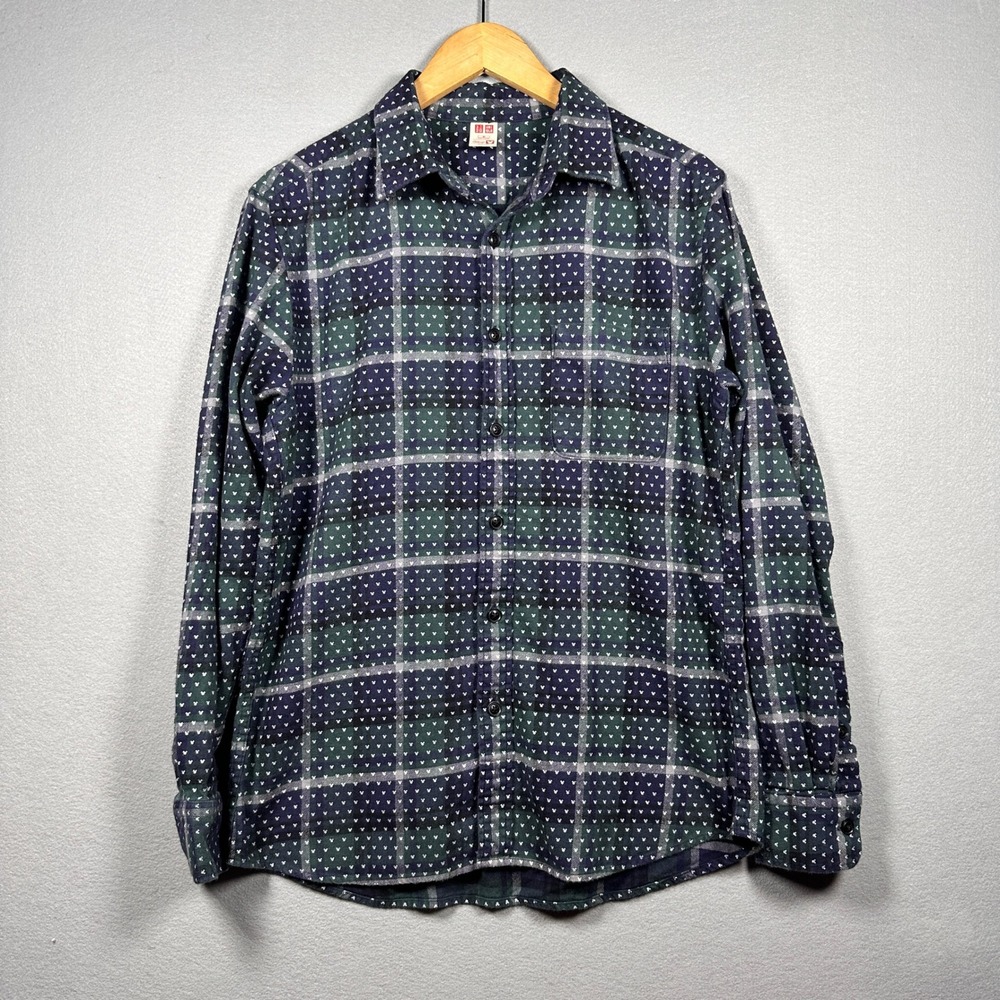 Uniqlo x Disney Mens Mickey Mouse Plaid Flannel Shirt Green Navy Blue M